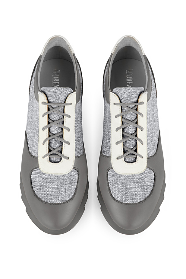 Ash grey and off white women's three-tone elegant sneakers. Round toe. Low rubber soles. Top view - Florence KOOIJMAN